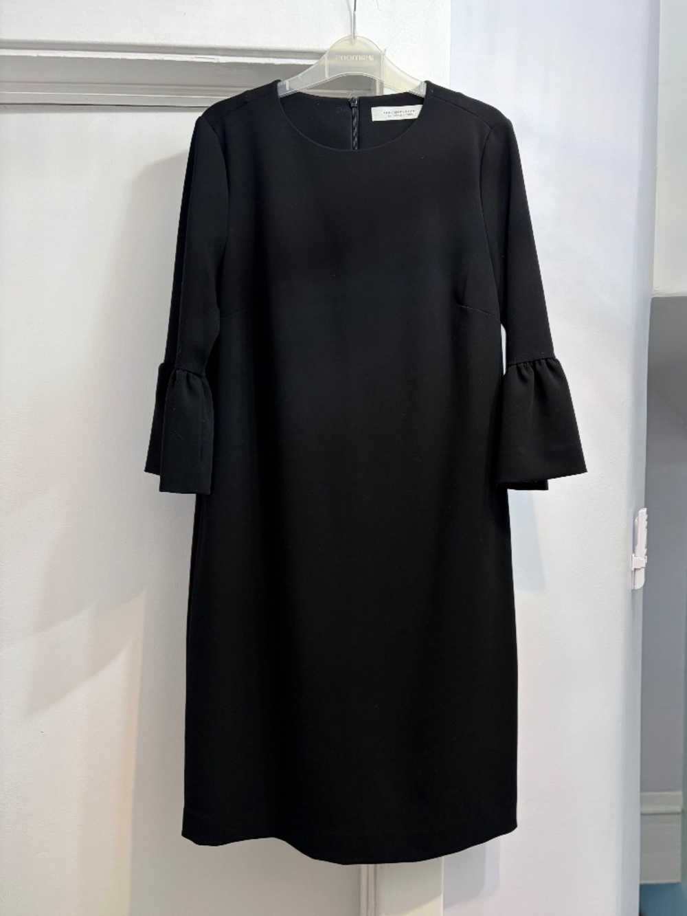 Simons (2) black midi dress with round neck and 3/4 ruffled sleeves.